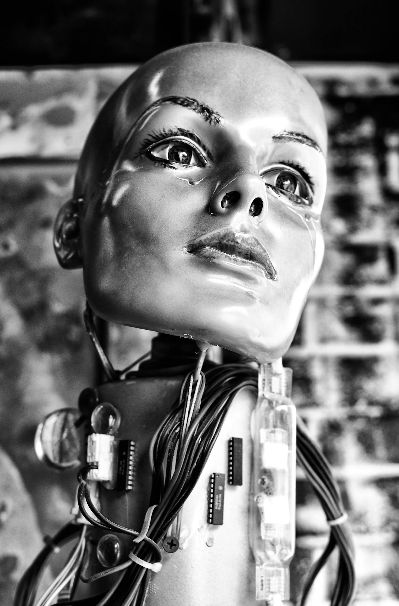 Monochrome close-up of a humanoid head with wiring, blending art and technology.